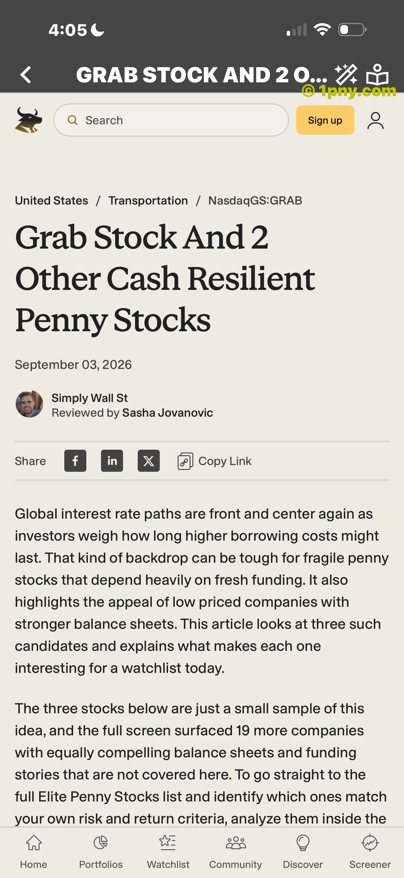 A PennyGems market-news article opened in the app
