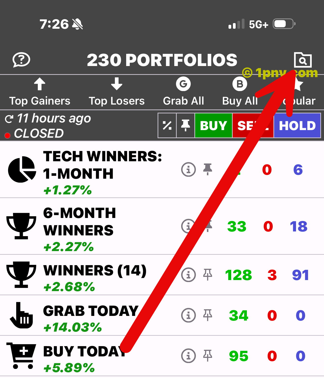 Red arrow showing the portfolio search folder at the upper right of the PennyGems screen